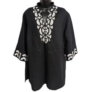 Style & Co Tunic Blouse Top Plus 18 18W Black White Jewel V-Neck Linen EUC